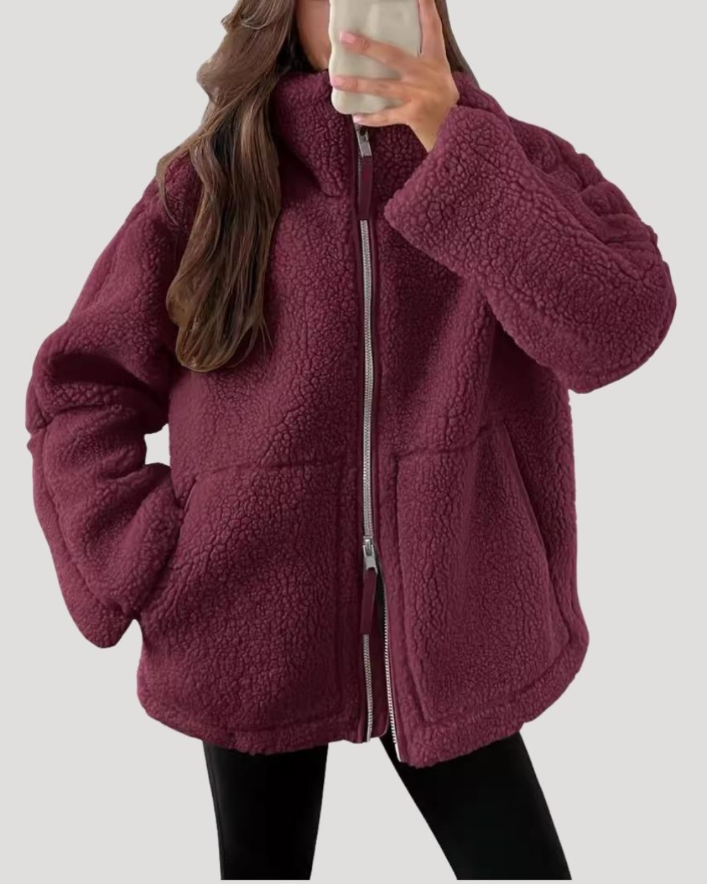 Bella Oversized Teddy Fleece Zip Up Jacket - Red