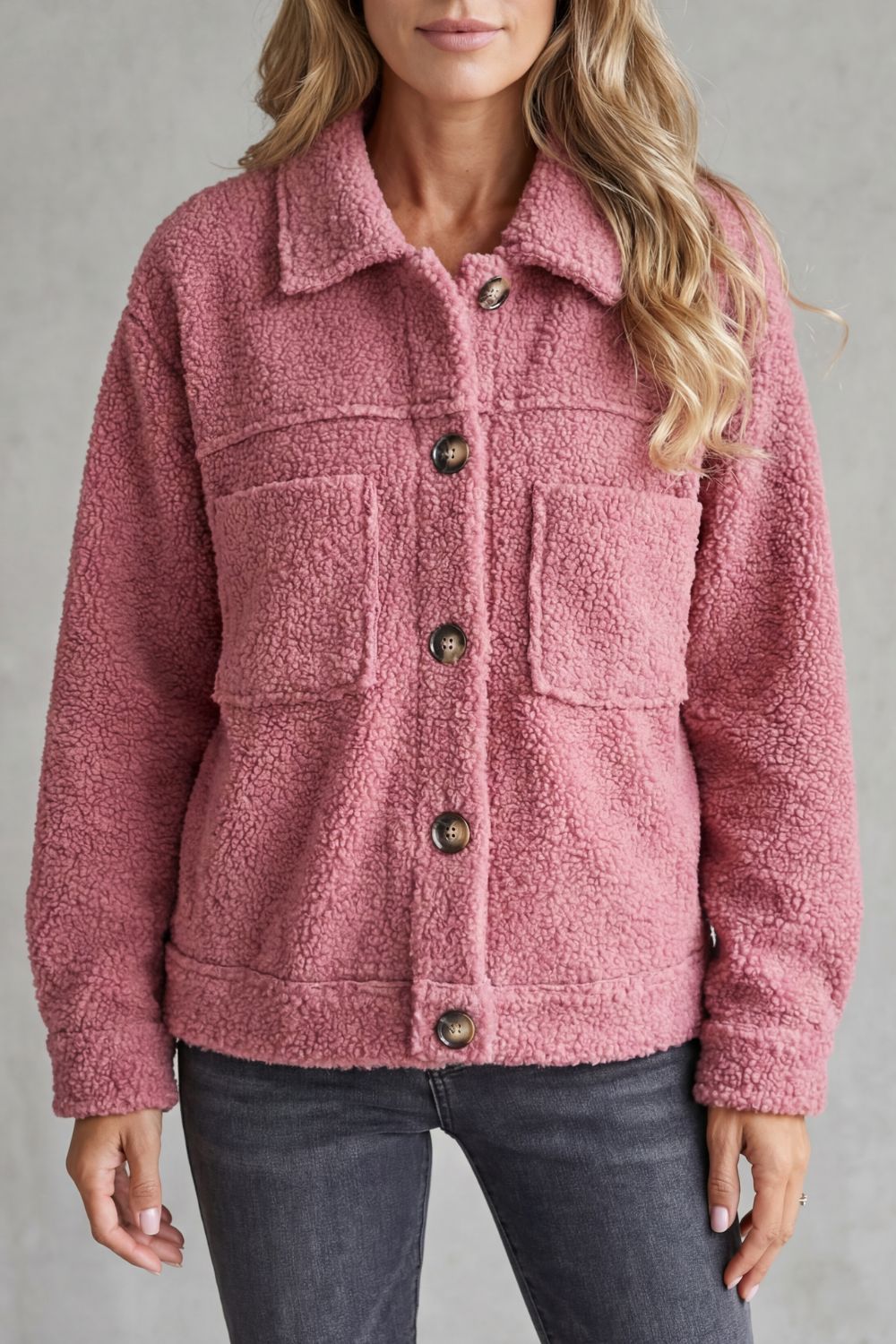 Floretta Teddy Fleece Button Up Jacket - Pink