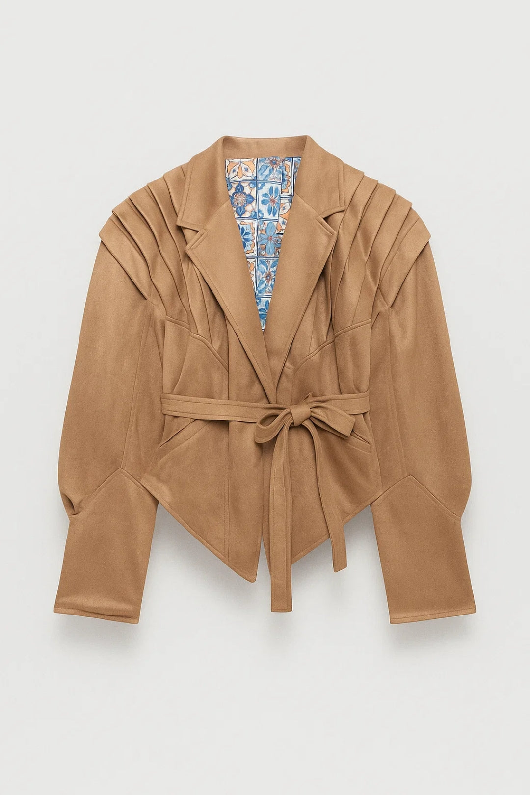 Frederica Belted Pleated Shoulder Tailored Jacket - Beige