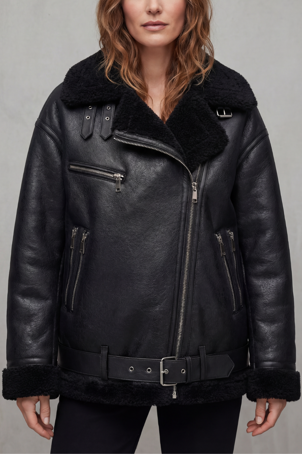 Megan Shearling Collar Oversized Aviator Jacket - Black