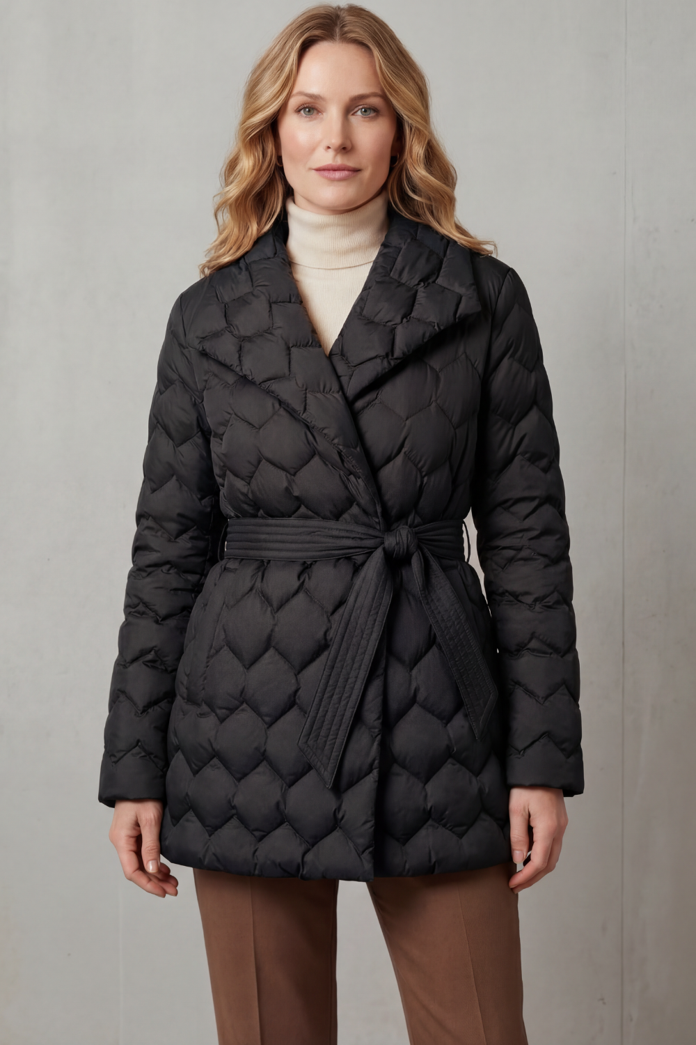 Solenza Quilted Belted Puffer Jacket - Black