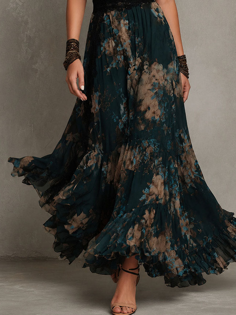 Christabel Tiered Maxi Dress - Black Tan Floral