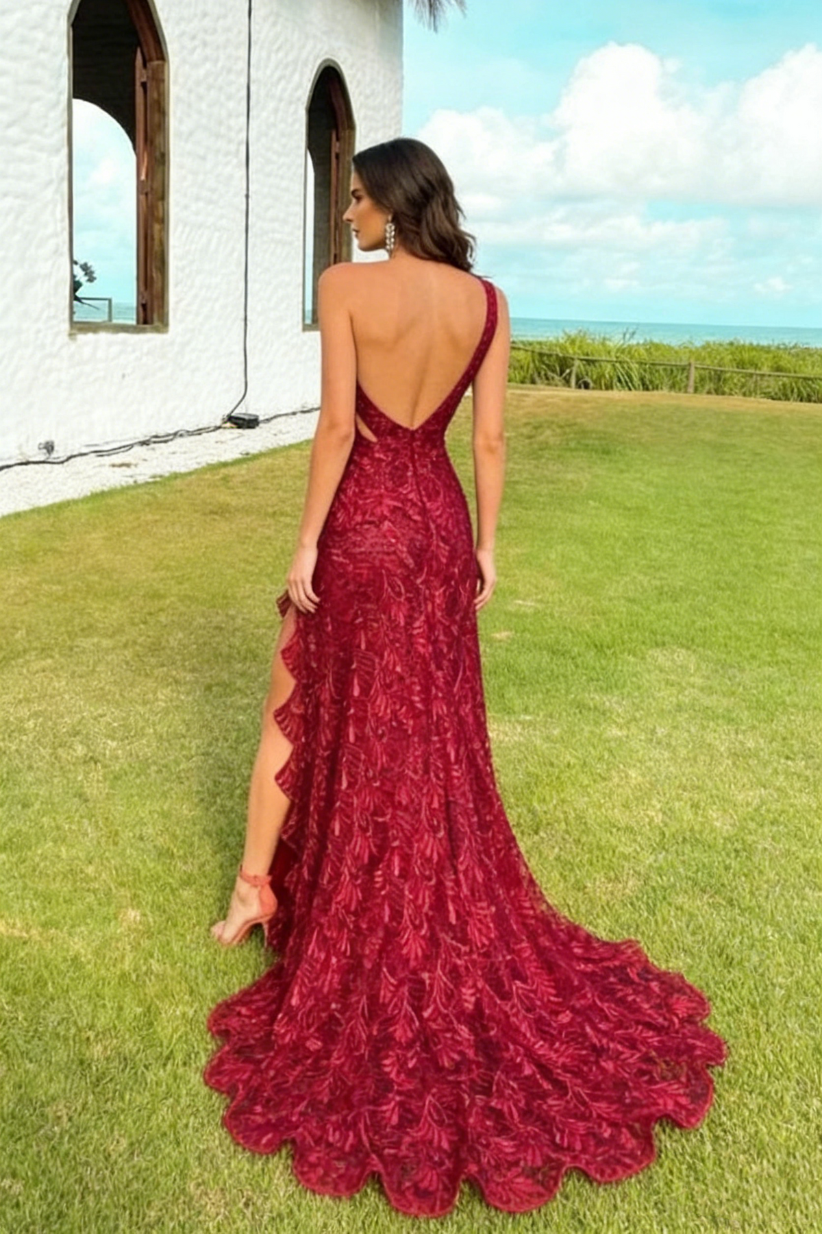 Josiane One Shoulder Lace Maxi Dress - Wine