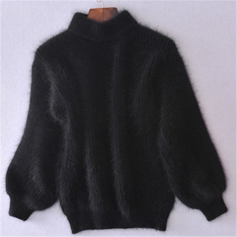 Acacia Fuzzy Lantern Sleeve Knit Sweater - Black