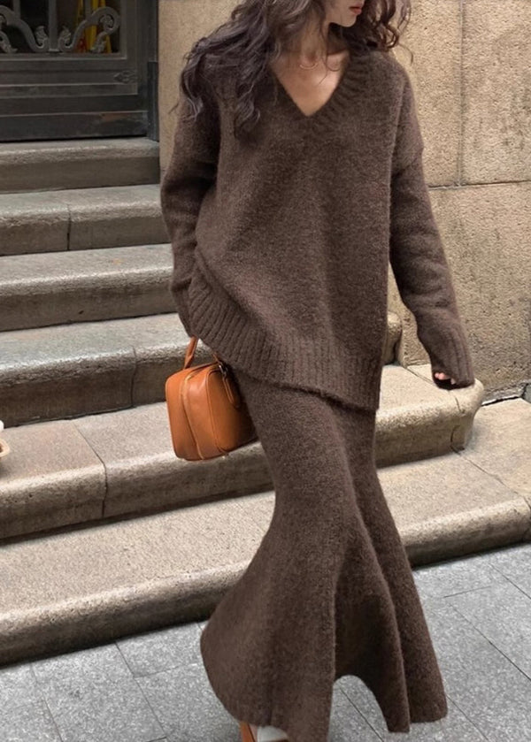 Aleta V-Neck Knit Sweater Skirt Set