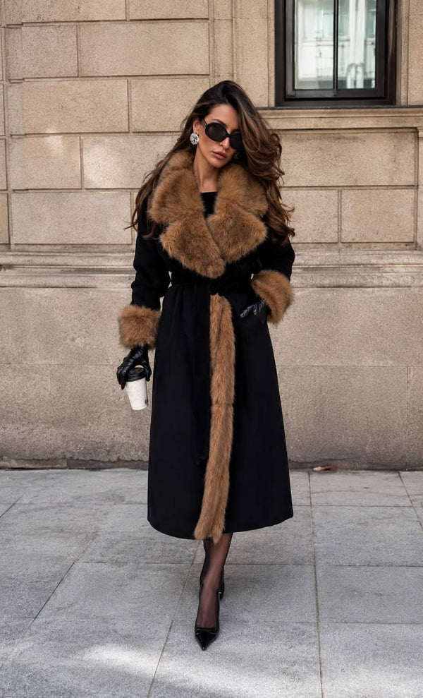 Bellina Faux Fur Collar Belted Coat