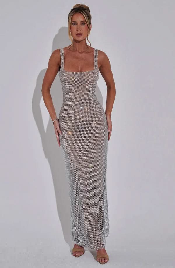 maxi silver dress for party Women's Summer Silver Cocktail Party Maxi Dress for Women – Kylies Label