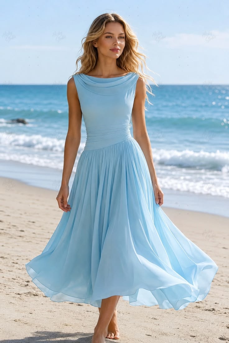 Corina Cowl Neck Chiffon Midi Dress - Sky Blue