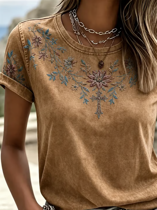 Danae Embroidered Linen Top - Camel Brown