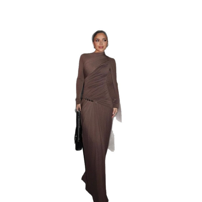 Davida Draped Ruched Long Sleeve Maxi Dress - Mocha Brown