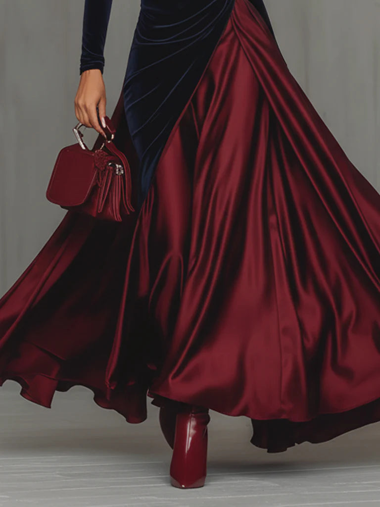 Honoria Velvet Satin Mock Neck Gown - Navy and Burgundy