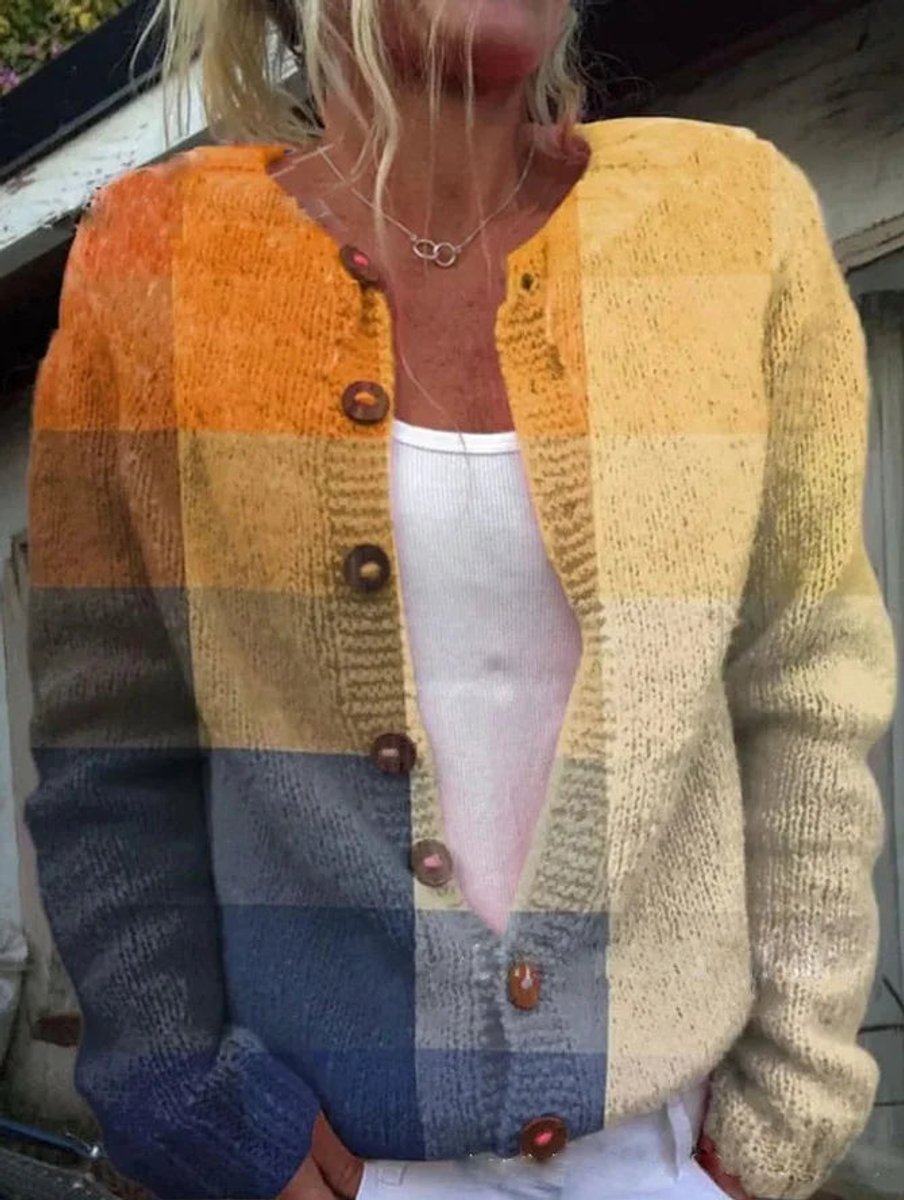 Irelyn Printed Knit Button Cardigan - Orange and Navy Color Block