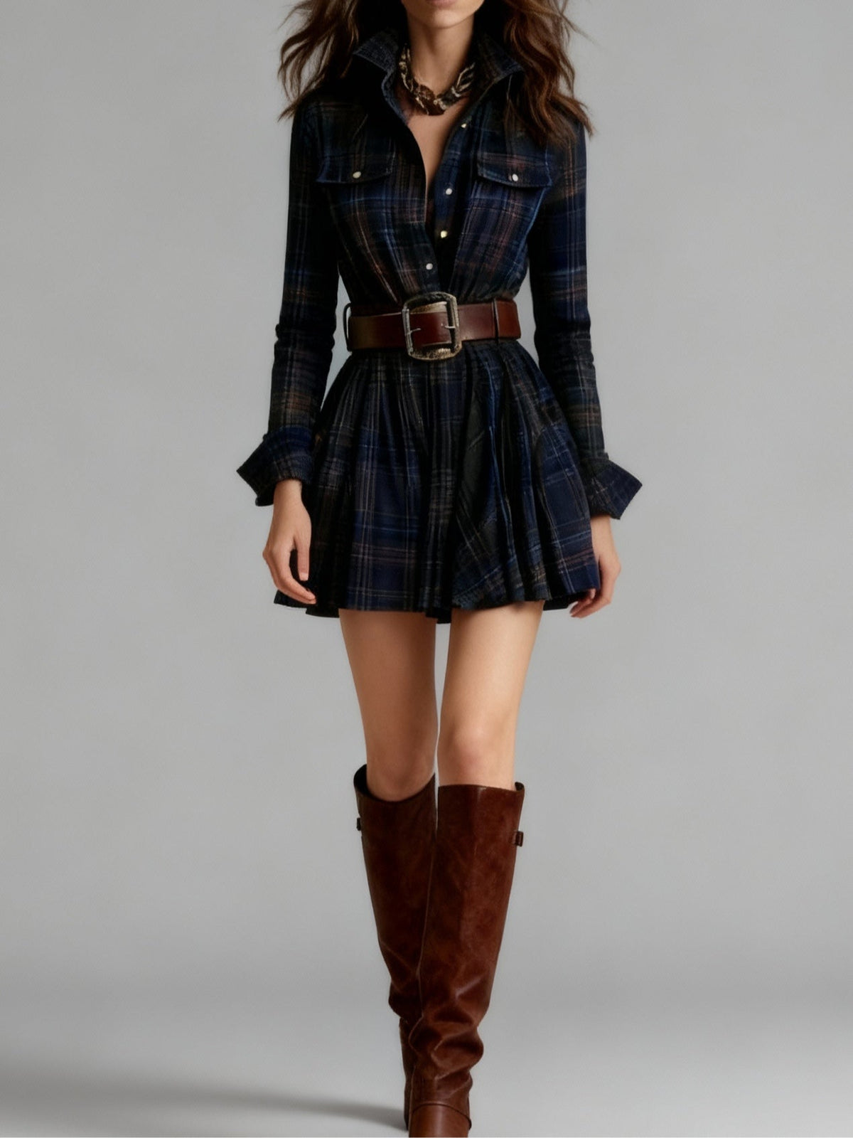 Morwenna Belted Plaid Mini Dress - Navy Plaid