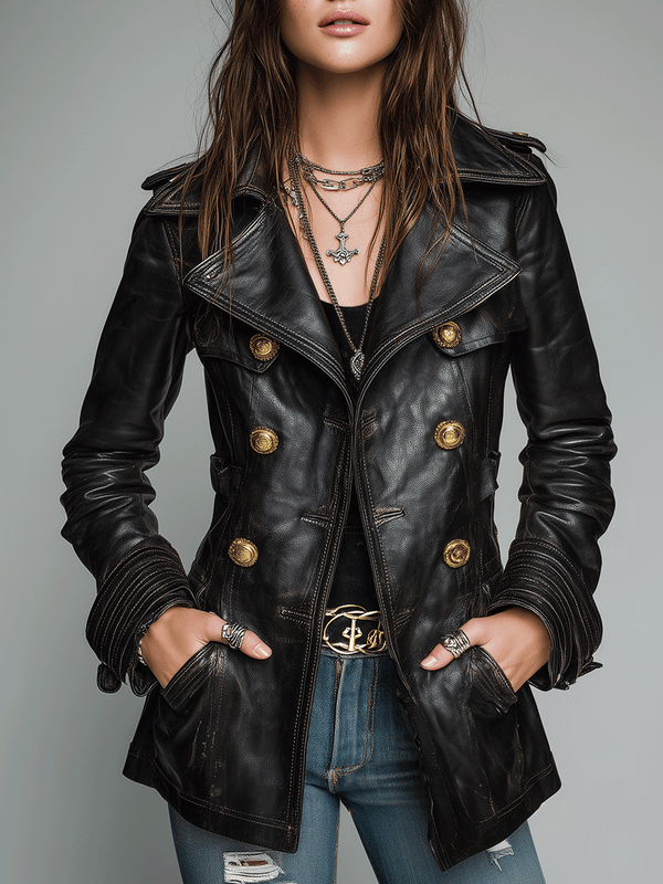 Kadence Double-Breasted Leather-Look Military Jacket