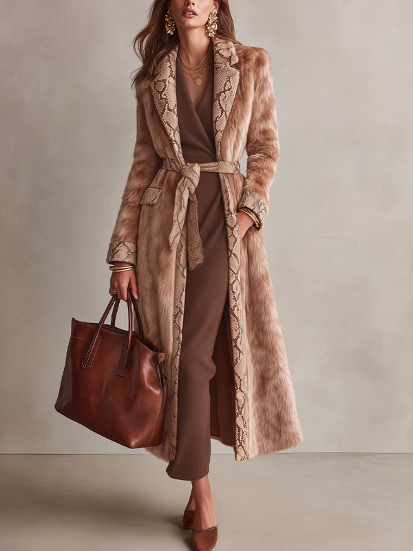 Kirstyn Snakeskin-Inspired Trim Faux Fur Coat