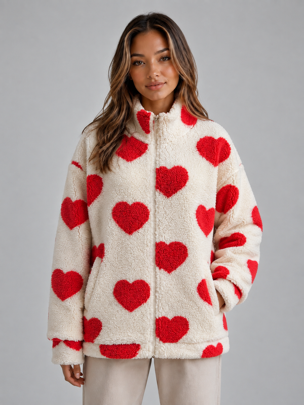 Leandra Heart Print Teddy Fleece Zip Jacket