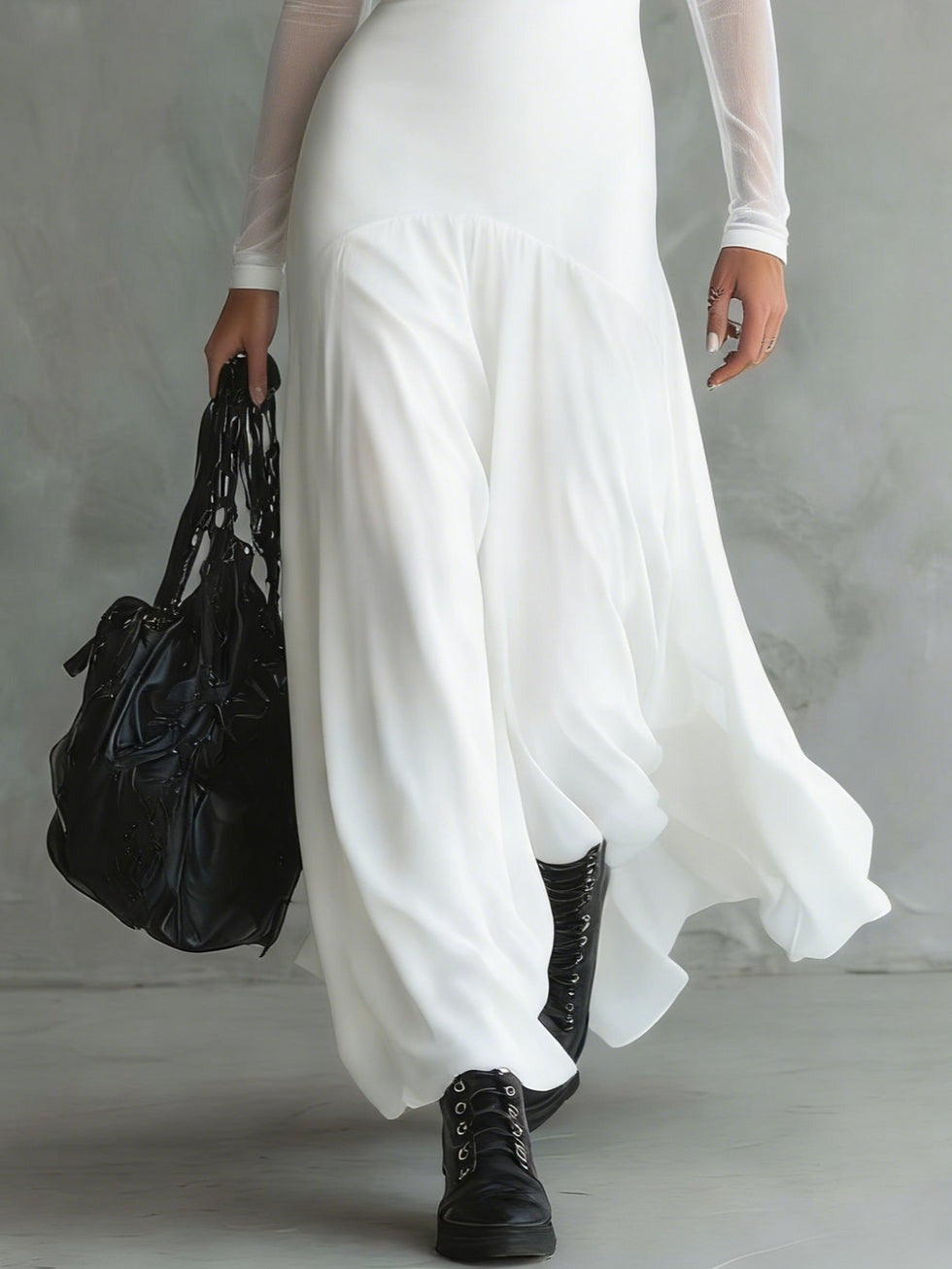 Lenore Sheer Sleeve Tulle Maxi Dress - White