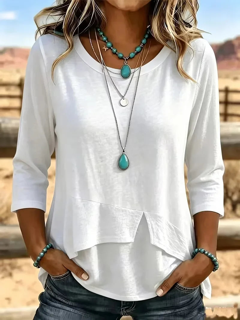 Mattie Layered Hem Crew Neck Top - White