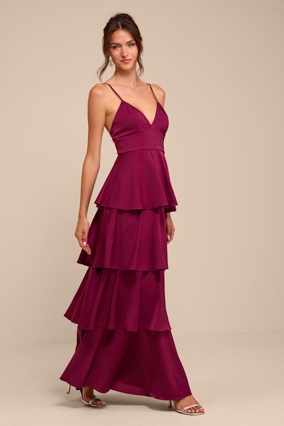 Quilla Tiered Satin Gown - Plum