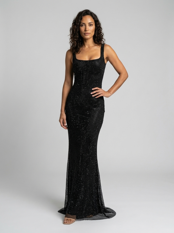 Tanith Rhinestone Mesh Square Neck Maxi Dress