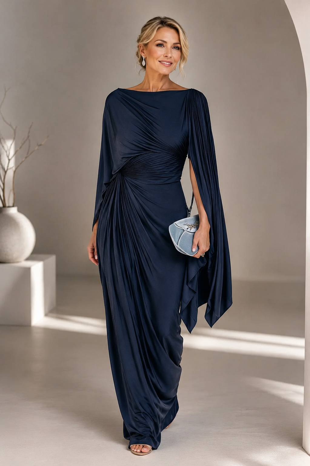Velisse Cape Sleeve Draped Maxi Dress - Navy