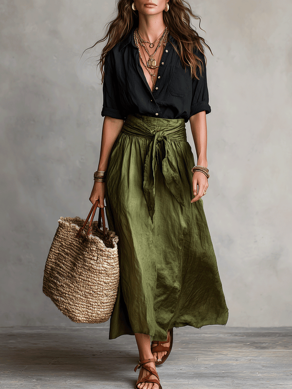 Ylva Tie Waist Satin Midi Skirt Set