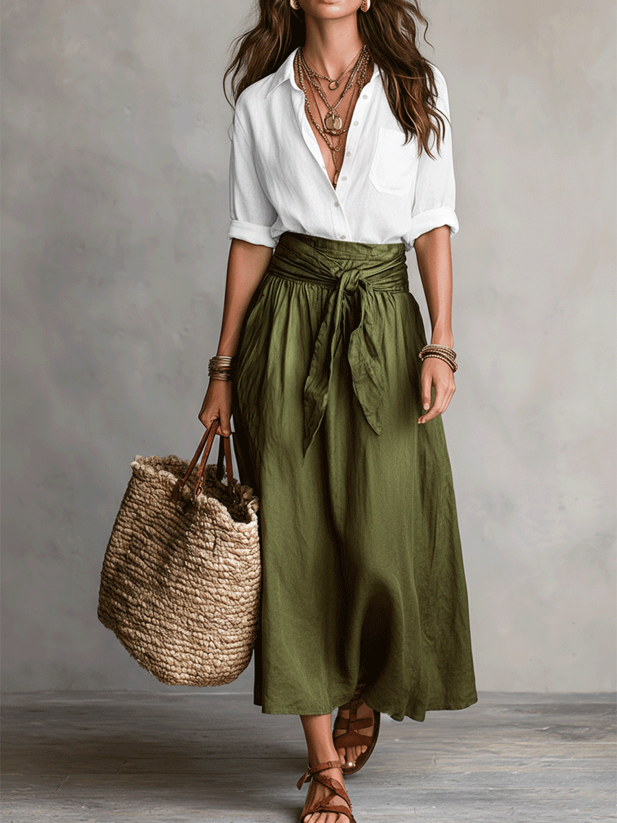 Ylva Tie Waist Satin Midi Skirt Set - White and Olive
