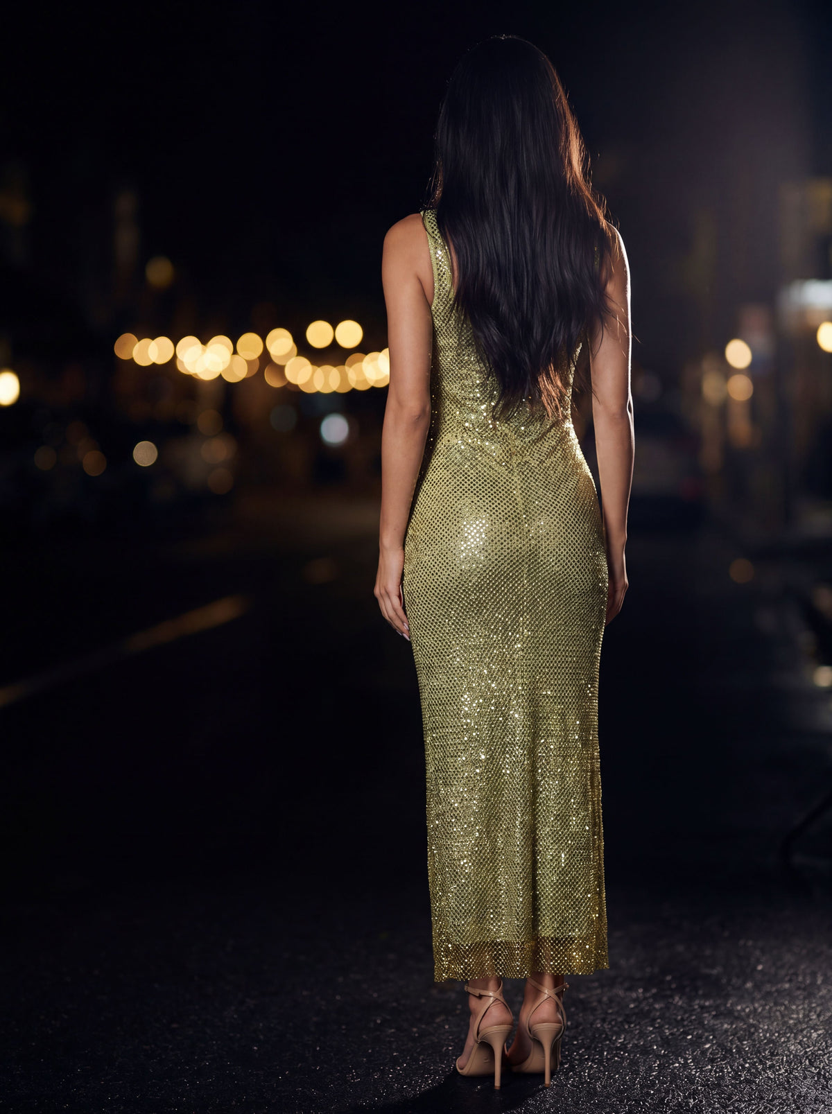 Zamira Rhinestone Square Neck Maxi Dress - Olive Green