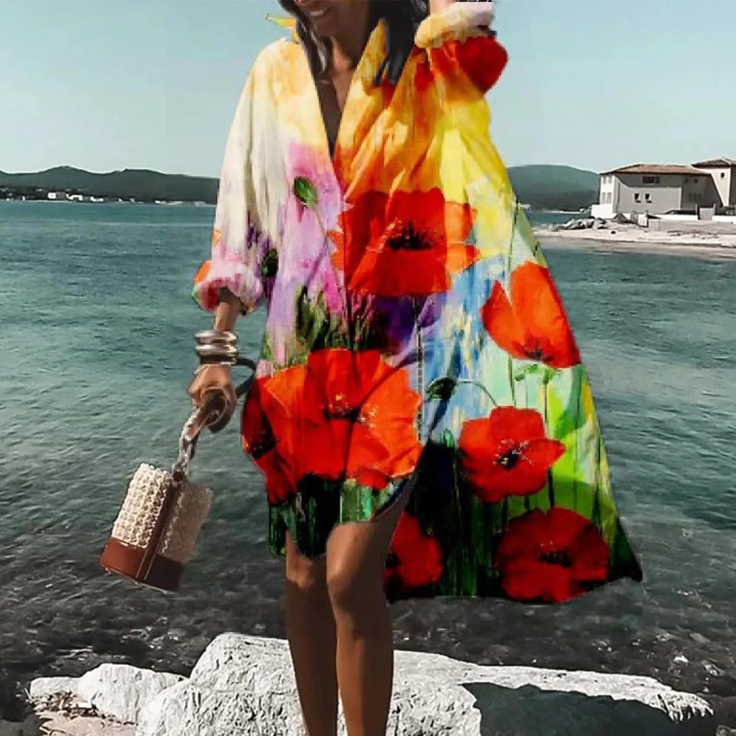 White beach mini shirt dress with large red poppy floral print and relaxed long-sleeve design