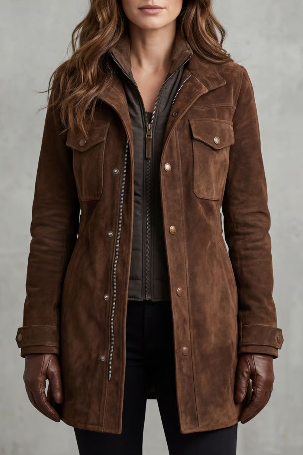 Sabrina Suede Zip Front Utility Button Jacket - Brown