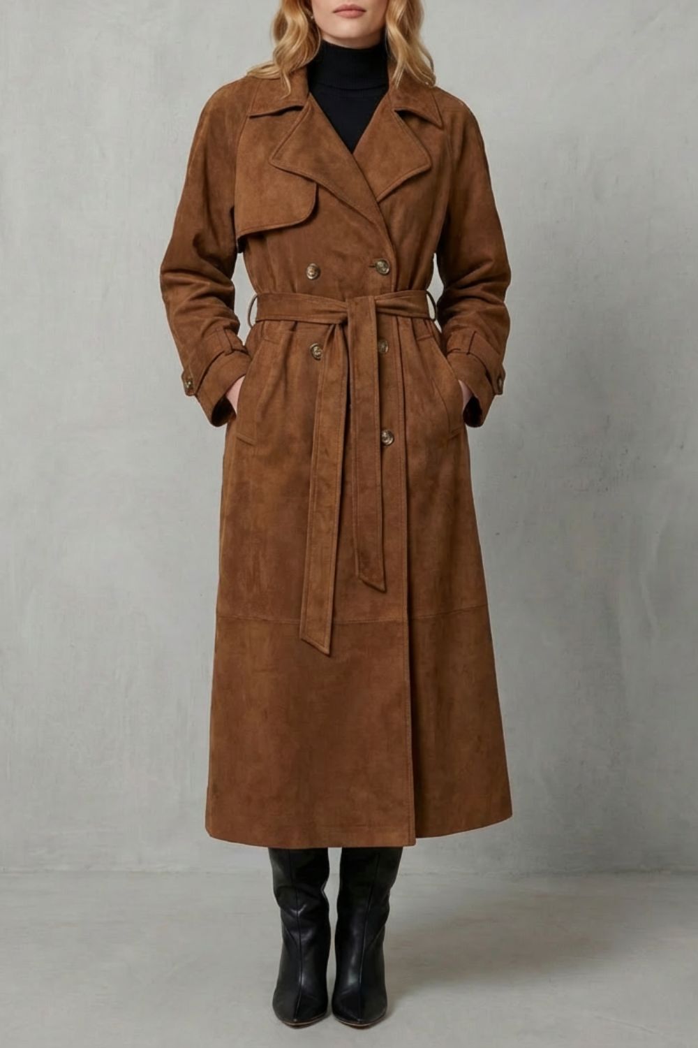 Savannah Suede Double Breasted Belted Trench Coat - Brown