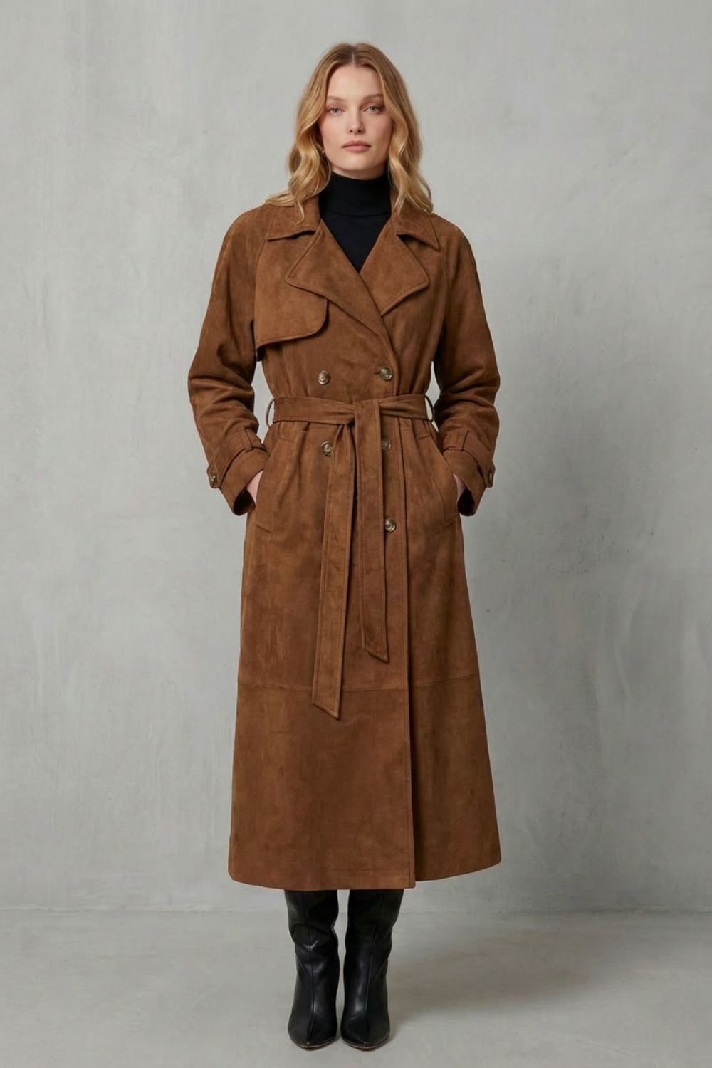 Savannah Suede Double Breasted Belted Trench Coat