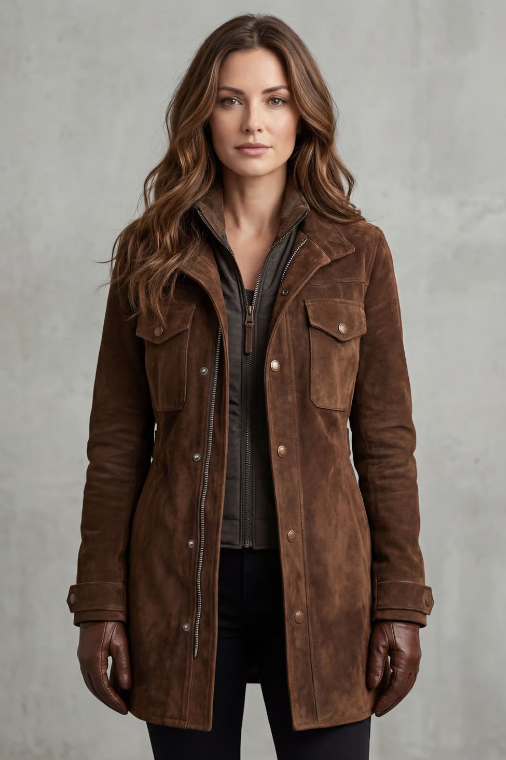 Sabrina Suede Zip Front Utility Button Jacket