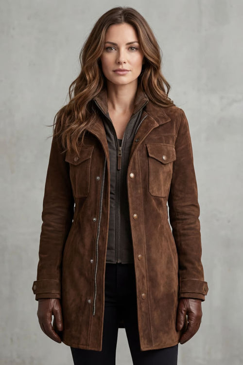 Sabrina Suede Zip Front Utility Button Jacket