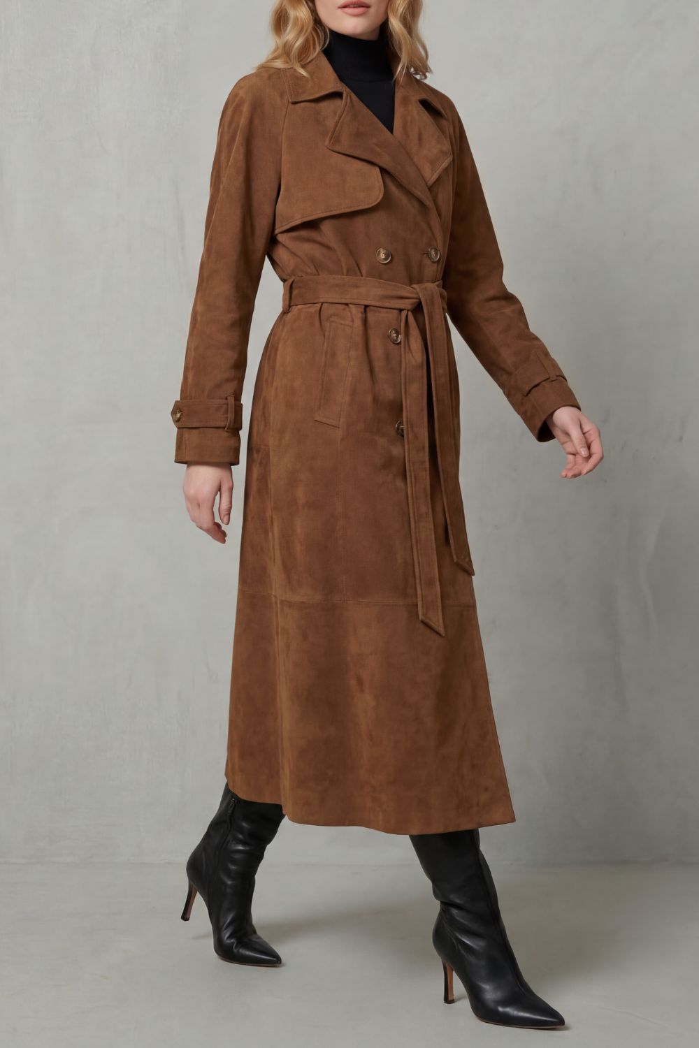 Savannah Suede Double Breasted Belted Trench Coat