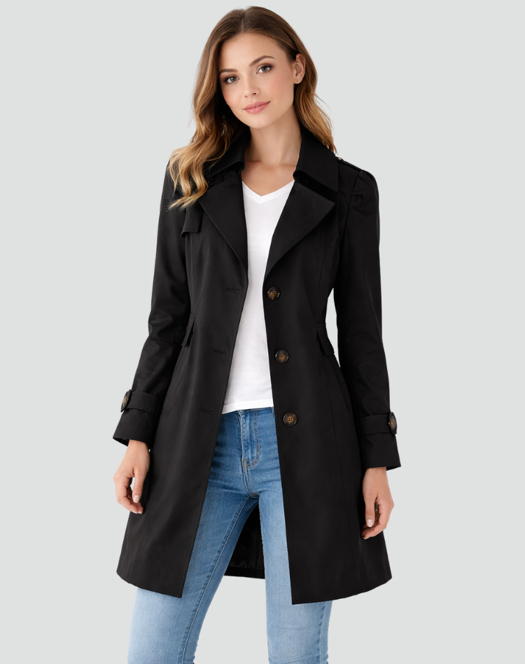 Celeste Tailored Button Trench Coat - Black