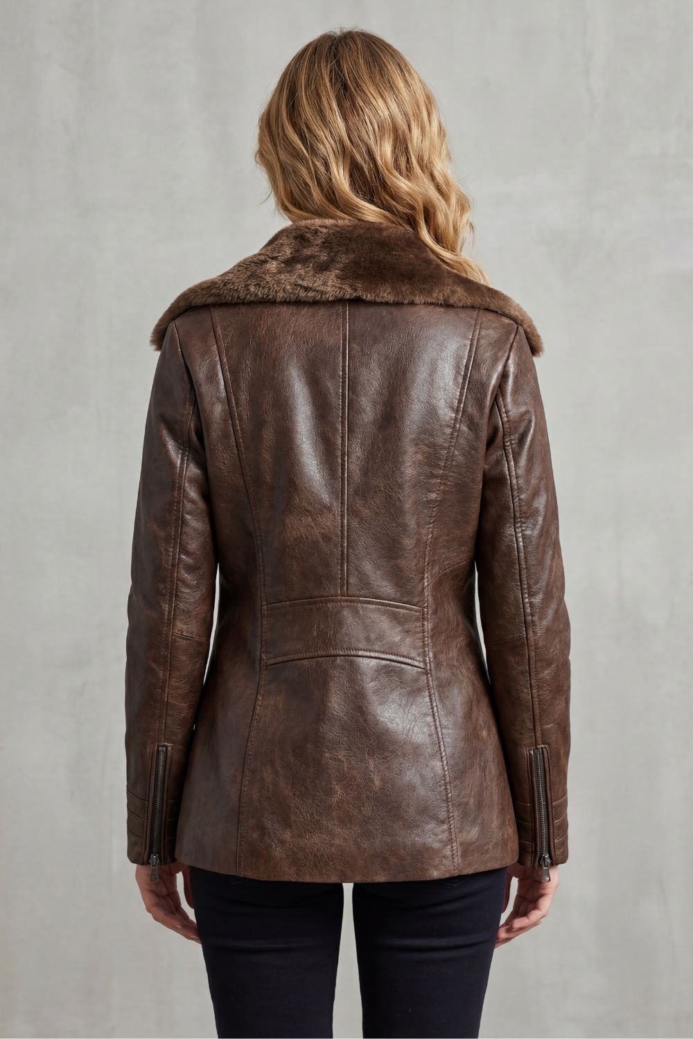Vanessa Faux Leather Shearling Collar Zip Jacket