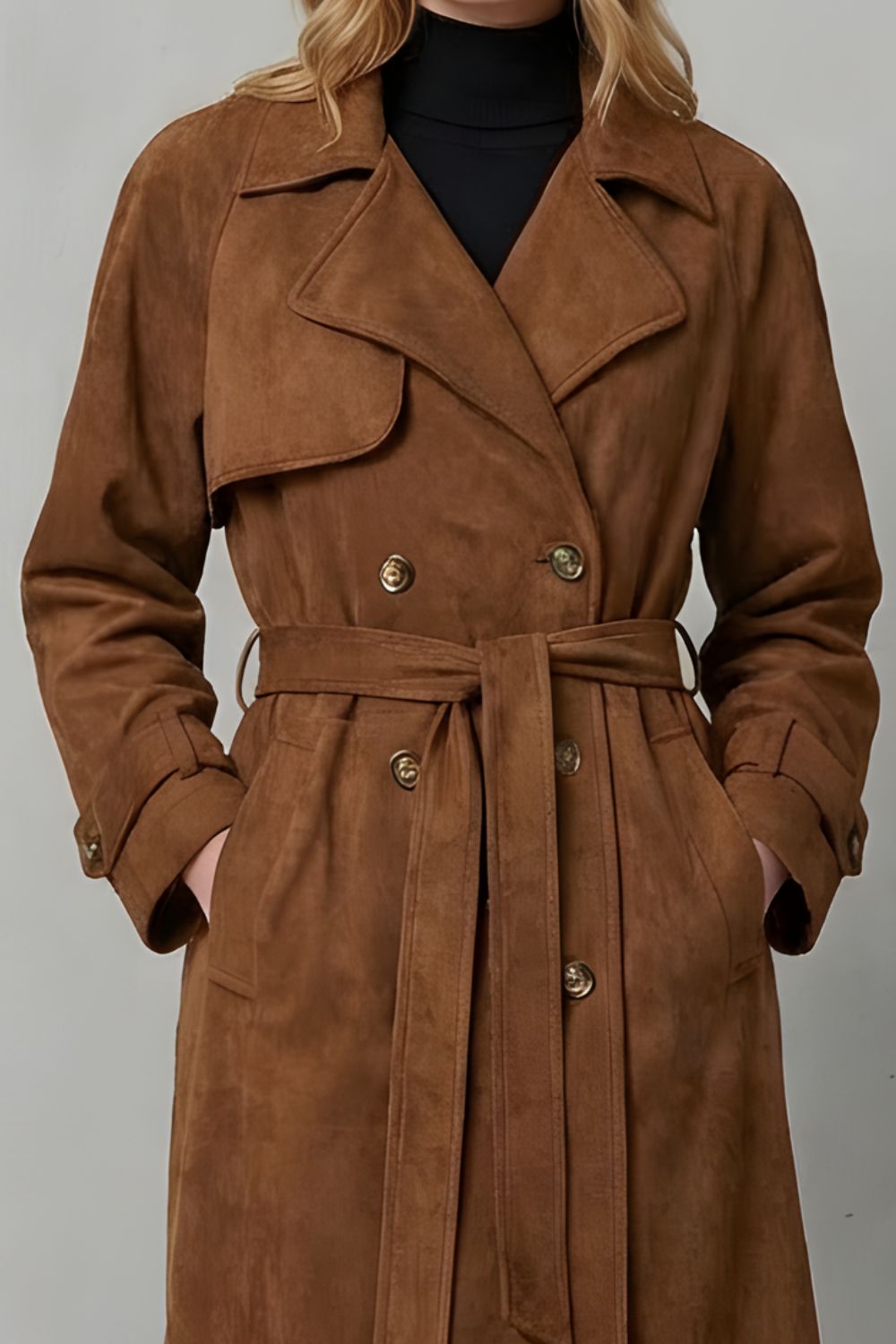 Savannah Suede Double Breasted Belted Trench Coat