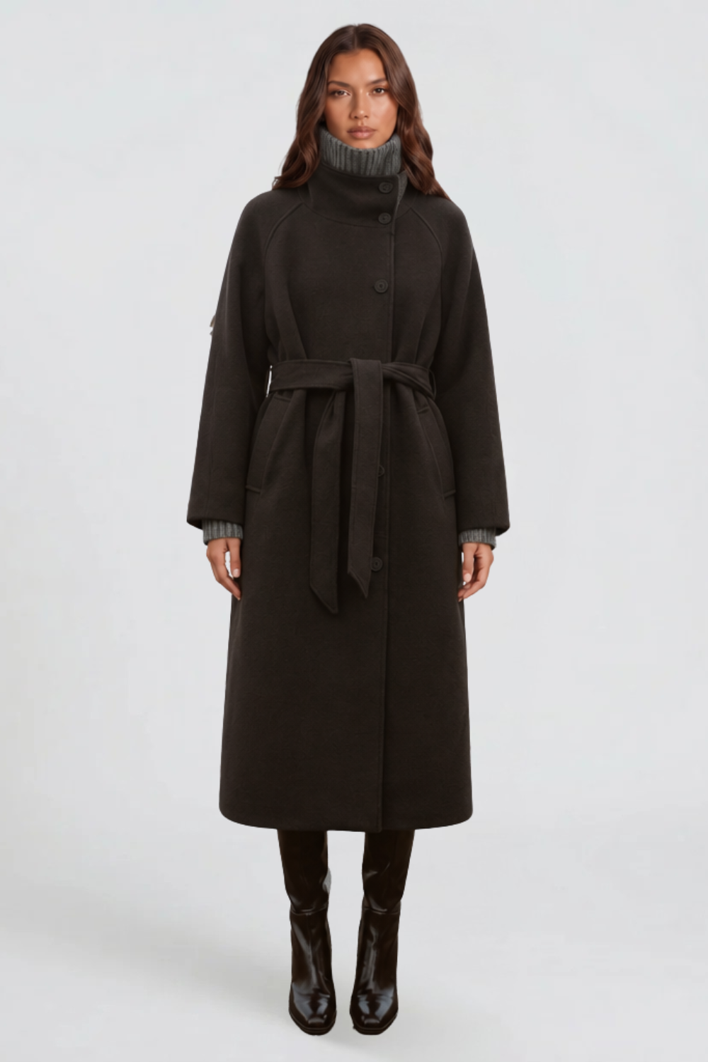 Audrey Belted Tailored Longline Wool Coat - Brown