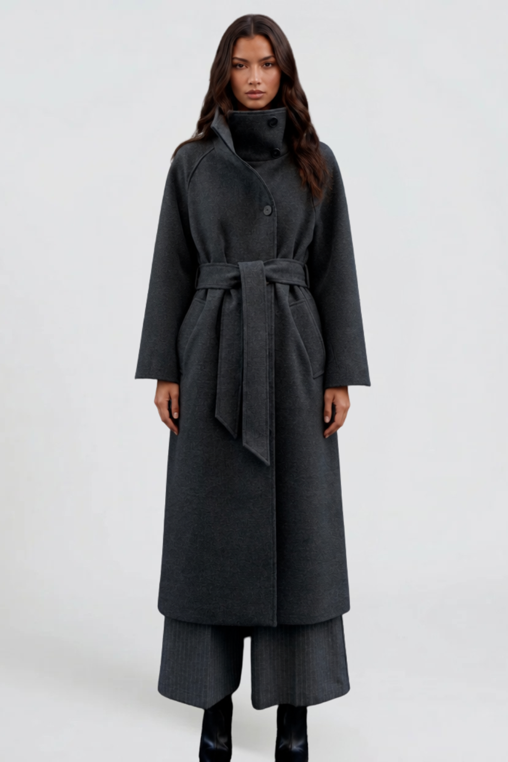 Audrey Belted Tailored Longline Wool Coat - Gray