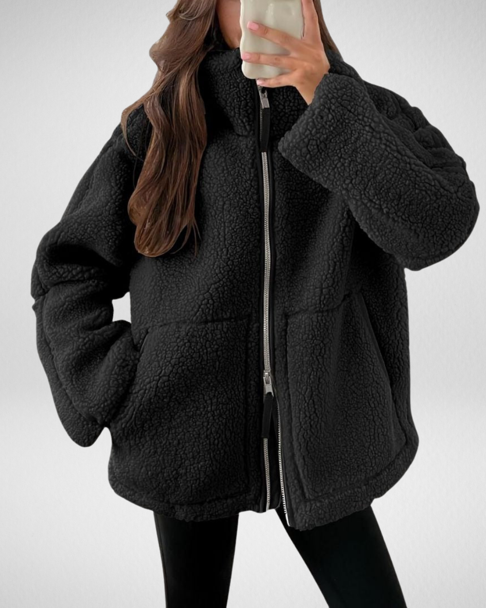 Bella Oversized Teddy Fleece Zip Up Jacket - Black
