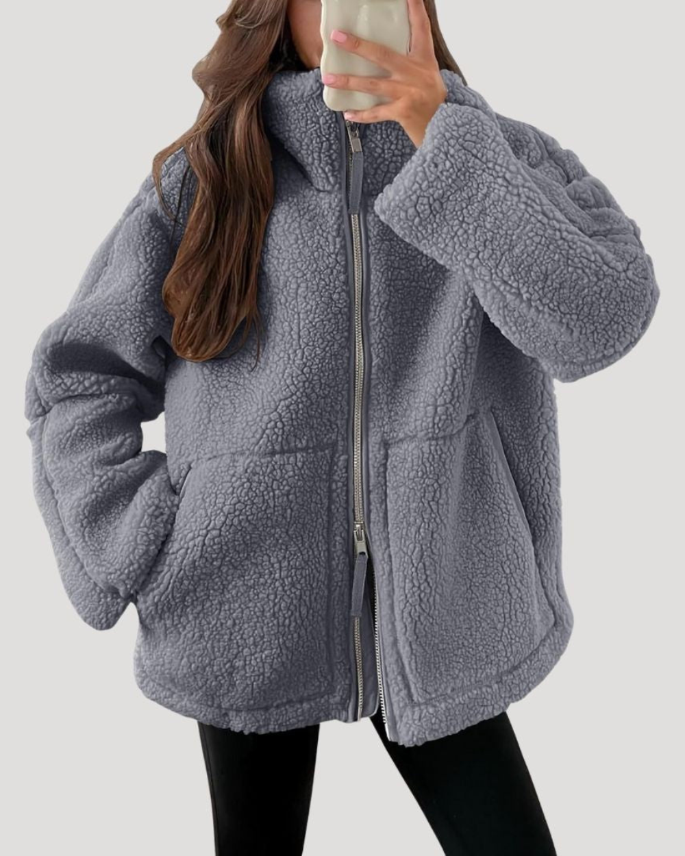 Bella Oversized Teddy Fleece Zip Up Jacket - Gray