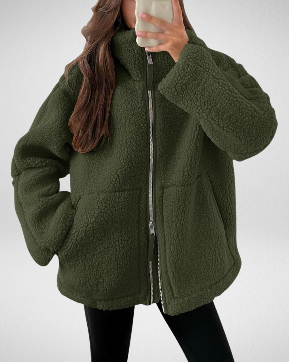 Bella Oversized Teddy Fleece Zip Up Jacket - Green