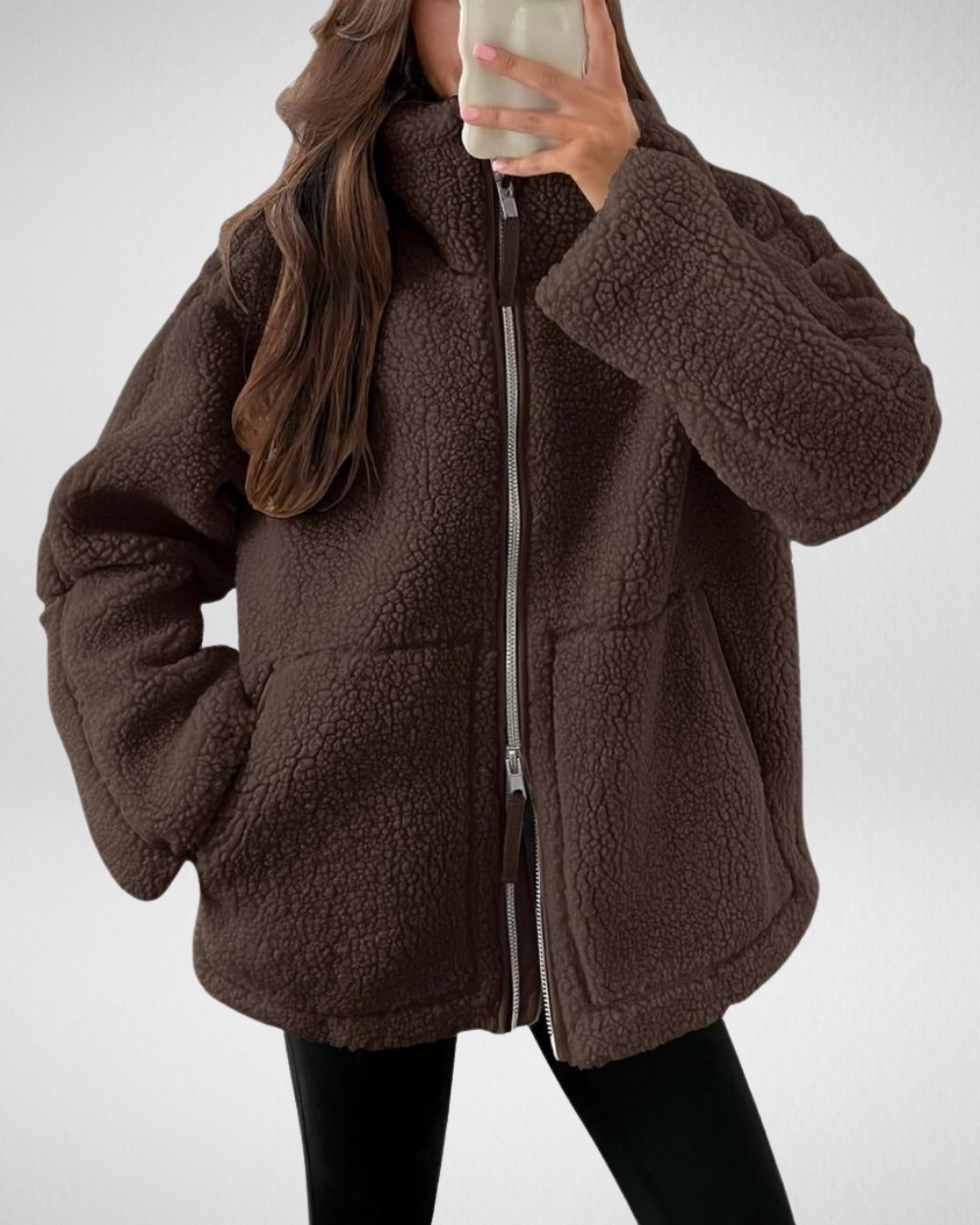 Bella Oversized Teddy Fleece Zip Up Jacket - Dark Brown