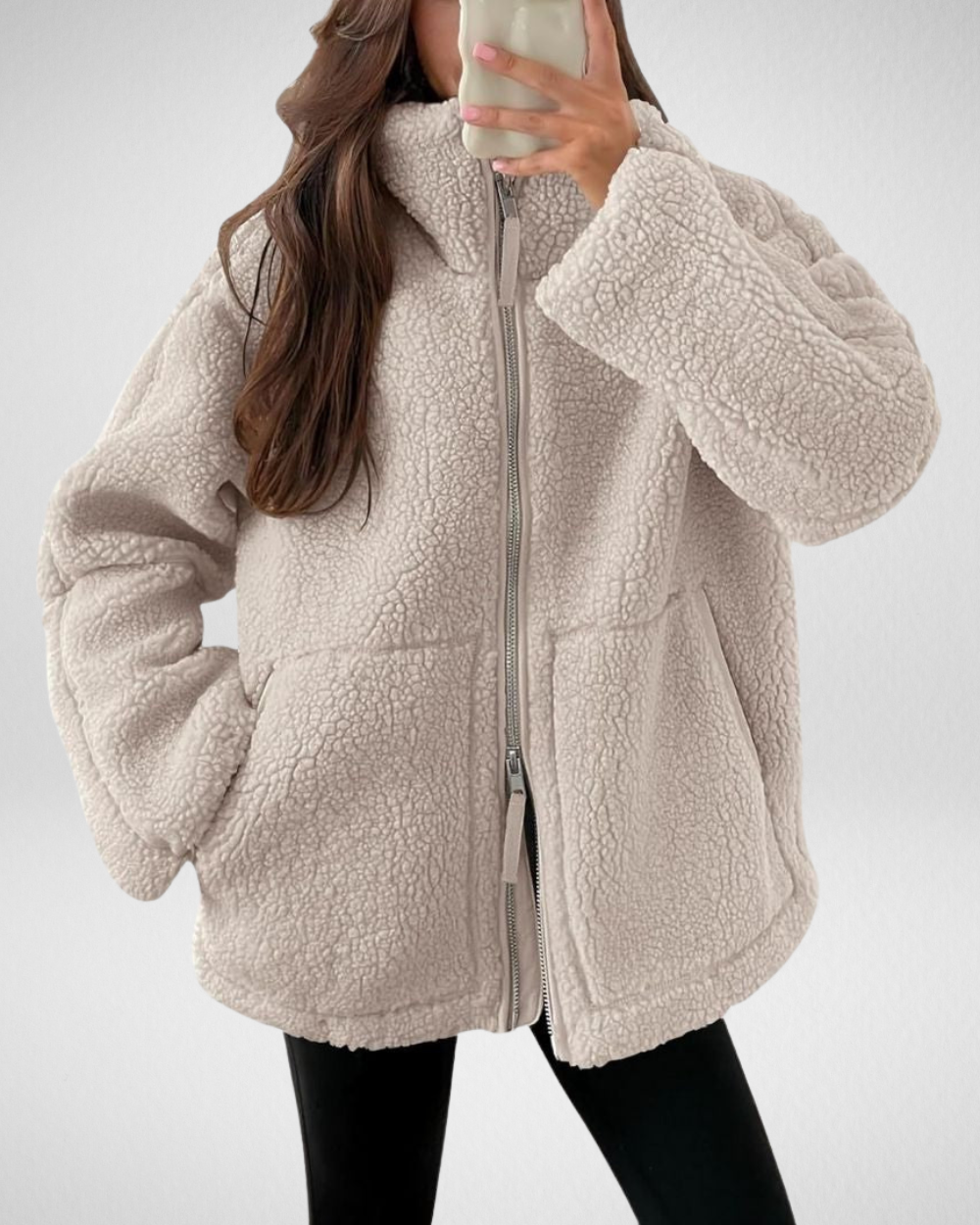 Bella Oversized Teddy Fleece Zip Up Jacket - Beige