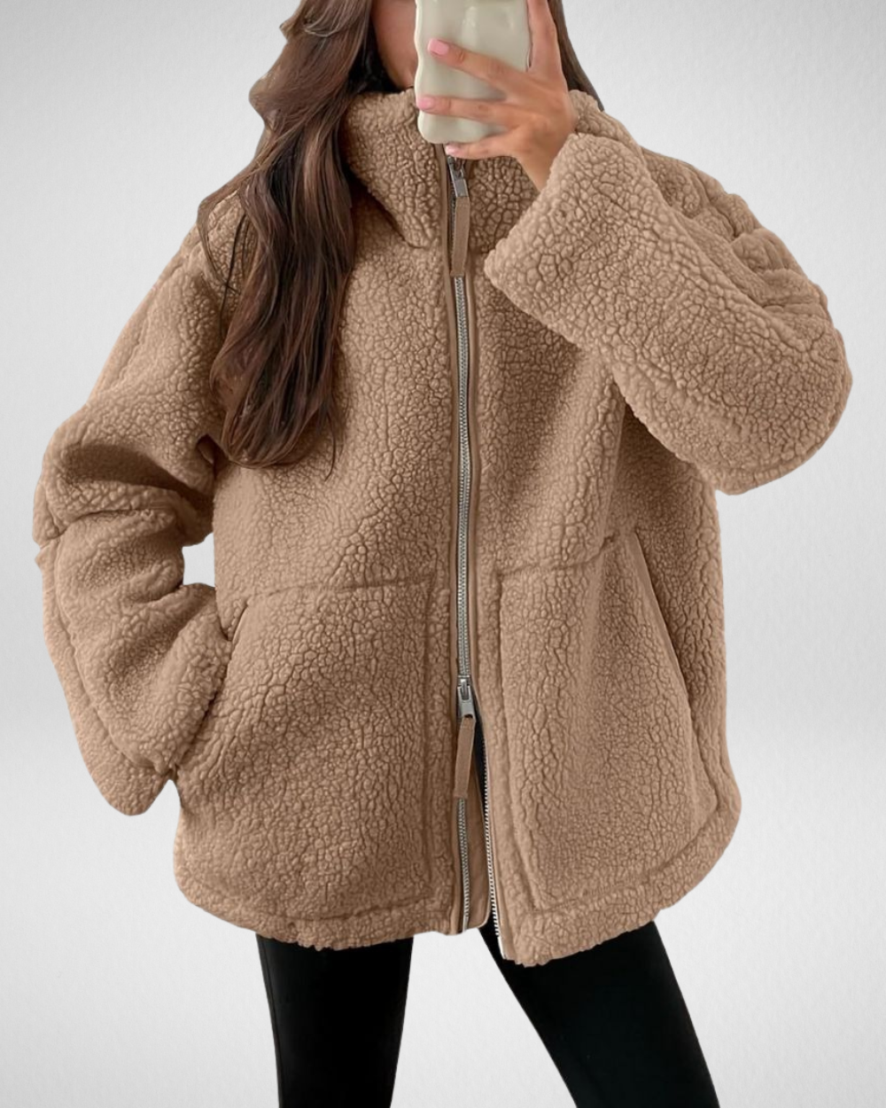 Bella Oversized Teddy Fleece Zip Up Jacket - Caramel