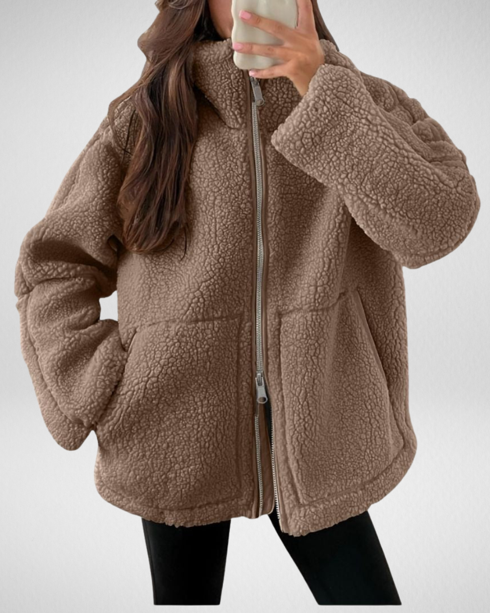 Bella Oversized Teddy Fleece Zip Up Jacket - Brown