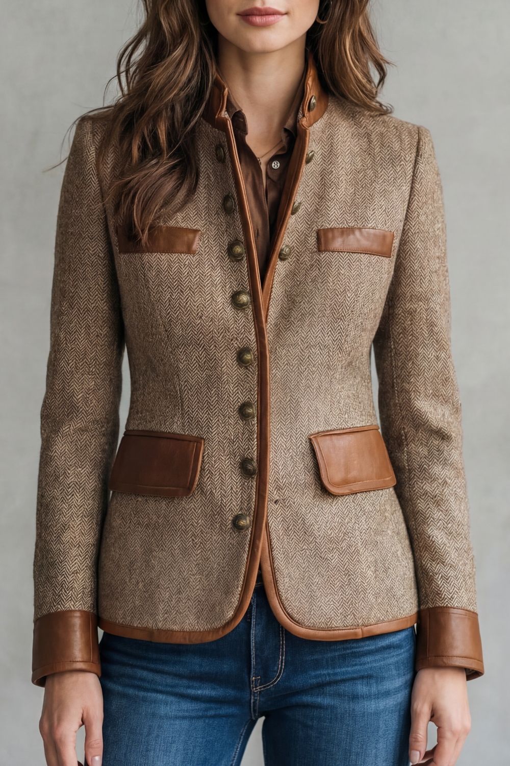 Brienne Contrast Leather Trim Tailored Blazer