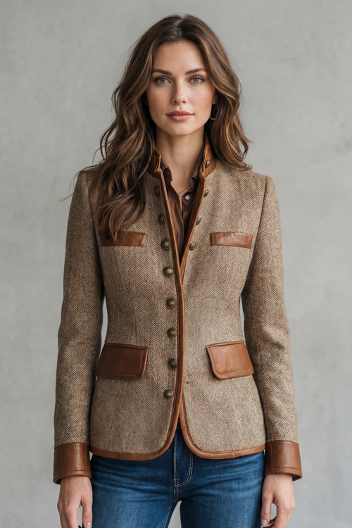Brienne Contrast Leather Trim Tailored Blazer - Brown