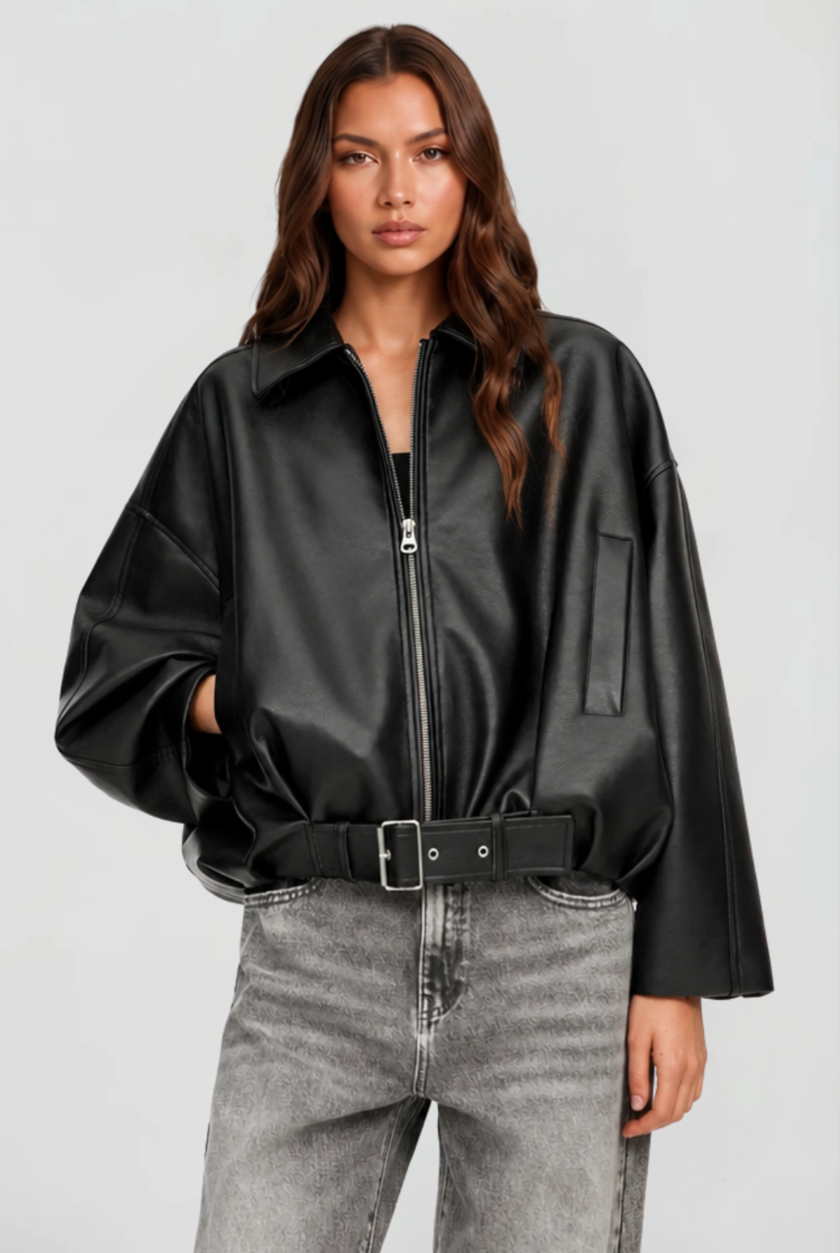 Brooke Oversized Belt Leather Jacket - Black